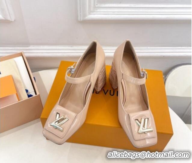 Popular Style Louis Vuitton Shake Mary Janes Pump 9cm in Patent Leather with Quilted Block Heel Nude 218049