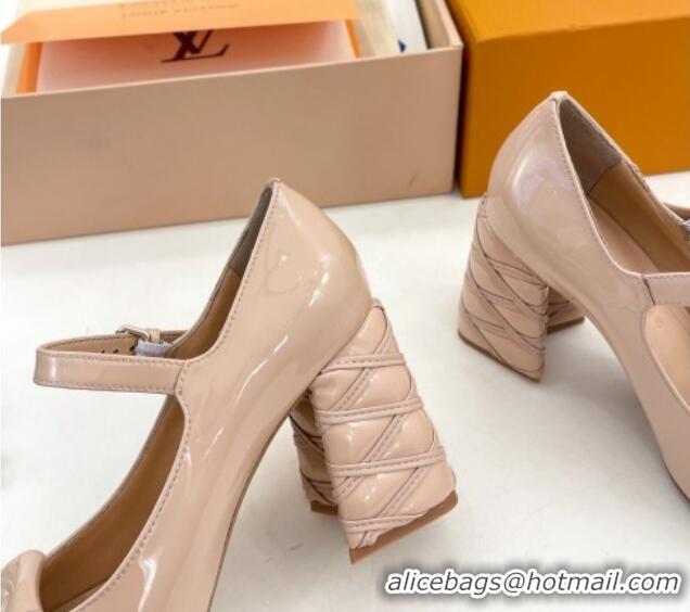 Popular Style Louis Vuitton Shake Mary Janes Pump 9cm in Patent Leather with Quilted Block Heel Nude 218049