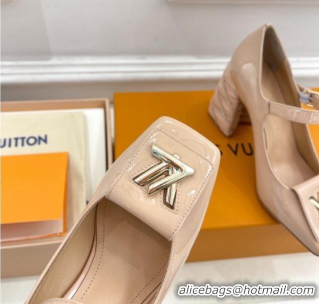 Popular Style Louis Vuitton Shake Mary Janes Pump 9cm in Patent Leather with Quilted Block Heel Nude 218049