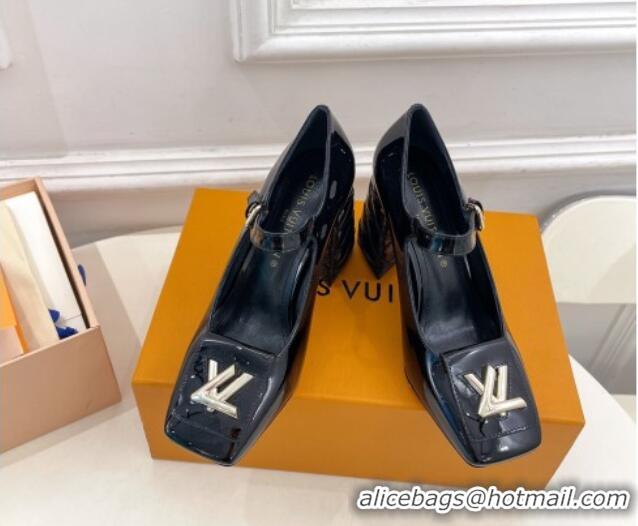 Luxurious Louis Vuitton Shake Mary Janes Pump 9cm in Patent Leather with Quilted Block Heel Black 218050