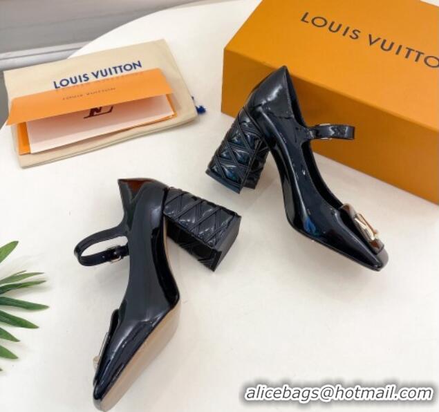 Luxurious Louis Vuitton Shake Mary Janes Pump 9cm in Patent Leather with Quilted Block Heel Black 218050