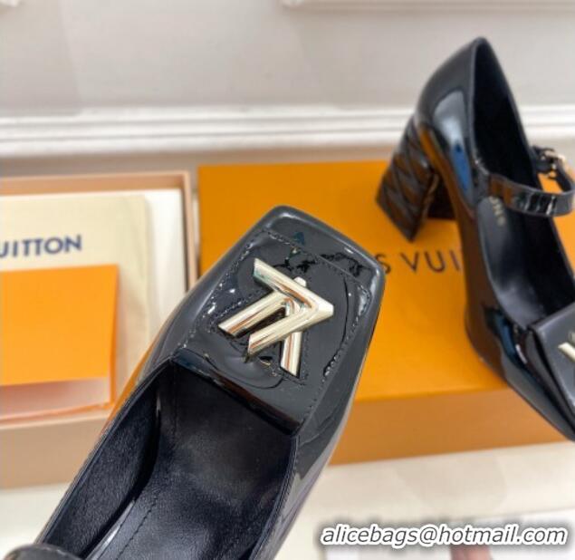 Luxurious Louis Vuitton Shake Mary Janes Pump 9cm in Patent Leather with Quilted Block Heel Black 218050