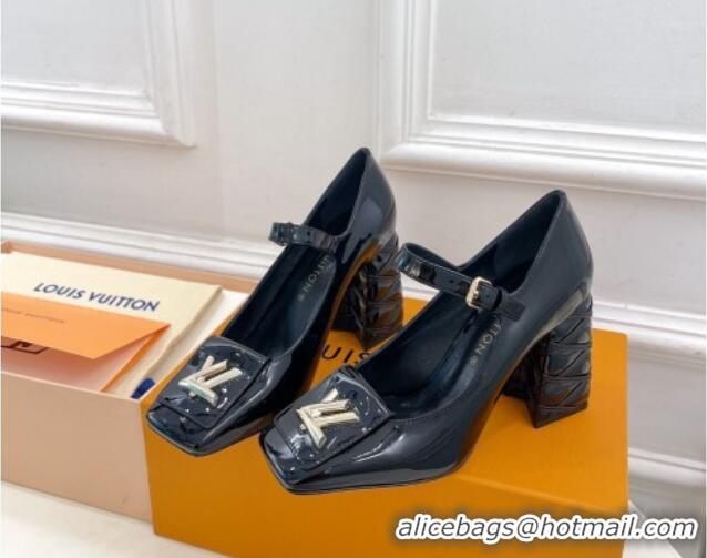 Luxurious Louis Vuitton Shake Mary Janes Pump 9cm in Patent Leather with Quilted Block Heel Black 218050