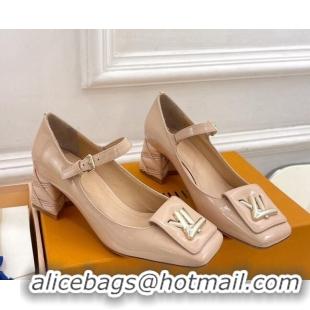 Durable Louis Vuitton Shake Mary Janes Pump 5.5cm in Patent Leather with Quilted Block Heel Nude 218052