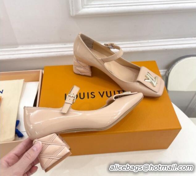 Durable Louis Vuitton Shake Mary Janes Pump 5.5cm in Patent Leather with Quilted Block Heel Nude 218052