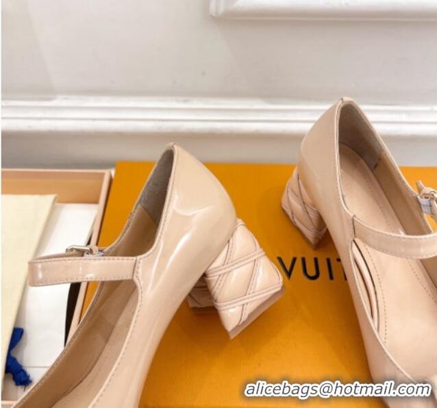 Durable Louis Vuitton Shake Mary Janes Pump 5.5cm in Patent Leather with Quilted Block Heel Nude 218052