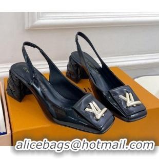 Shop Duplicate Louis Vuitton Shake Slingback Pump 5.5cm in Patent Leather with Quilted Block Heel Black 218056