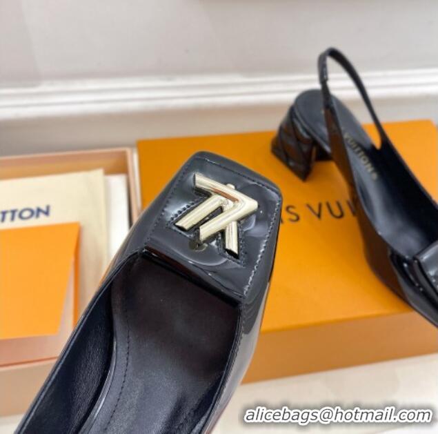 Shop Duplicate Louis Vuitton Shake Slingback Pump 5.5cm in Patent Leather with Quilted Block Heel Black 218056