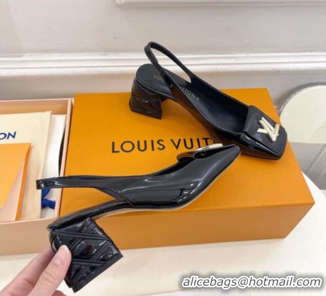 Shop Duplicate Louis Vuitton Shake Slingback Pump 5.5cm in Patent Leather with Quilted Block Heel Black 218056