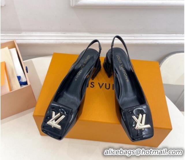 Shop Duplicate Louis Vuitton Shake Slingback Pump 5.5cm in Patent Leather with Quilted Block Heel Black 218056