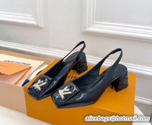 Shop Duplicate Louis Vuitton Shake Slingback Pump 5.5cm in Patent Leather with Quilted Block Heel Black 218056