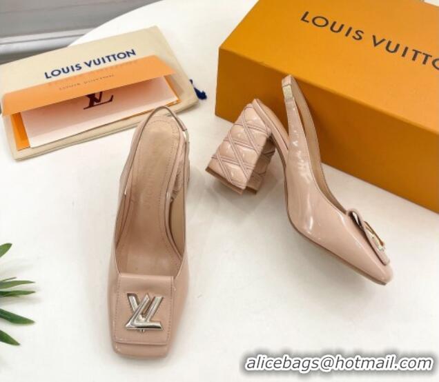 Duplicate Louis Vuitton Shake Slingback Pump 9cm in Patent Leather with Quilted Block Heel Nude 218058