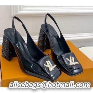 Good Quality Louis Vuitton Shake Slingback Pump 9cm in Patent Leather with Quilted Block Heel Black 218059