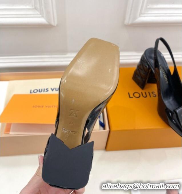 Good Quality Louis Vuitton Shake Slingback Pump 9cm in Patent Leather with Quilted Block Heel Black 218059