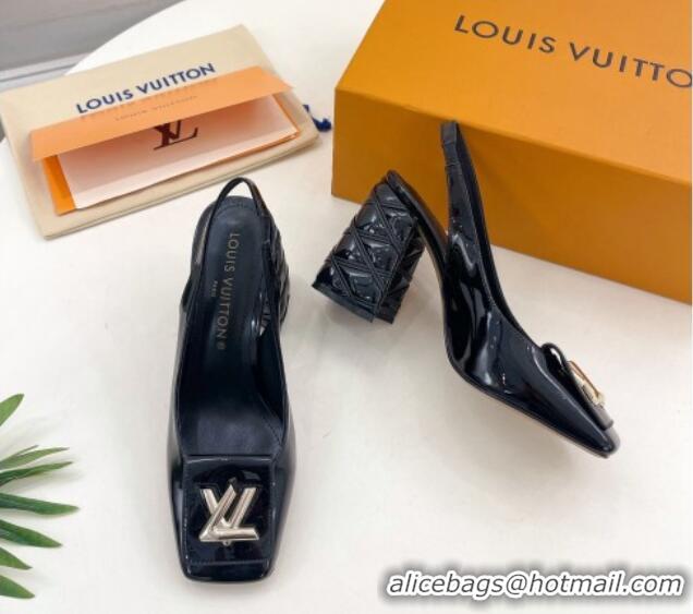 Good Quality Louis Vuitton Shake Slingback Pump 9cm in Patent Leather with Quilted Block Heel Black 218059