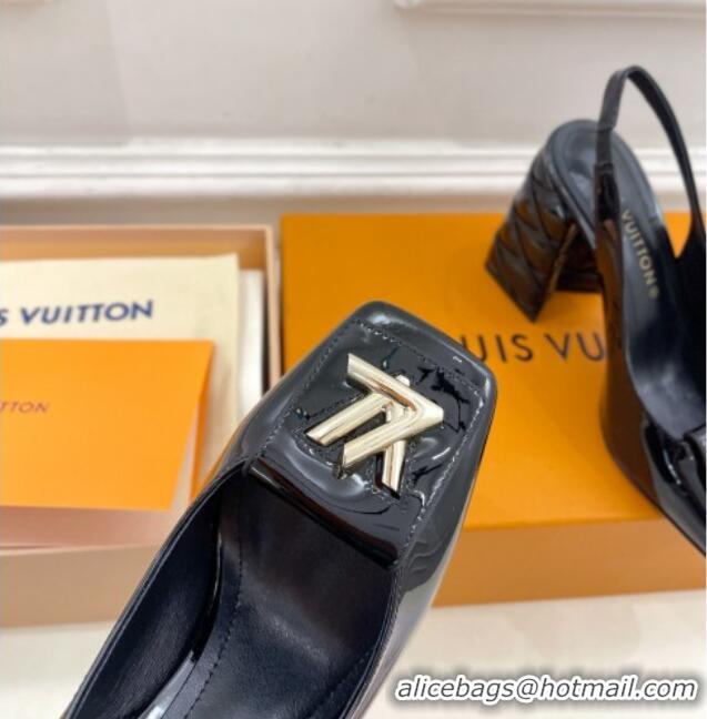 Good Quality Louis Vuitton Shake Slingback Pump 9cm in Patent Leather with Quilted Block Heel Black 218059