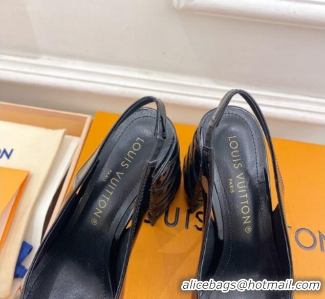 Good Quality Louis Vuitton Shake Slingback Pump 9cm in Patent Leather with Quilted Block Heel Black 218059