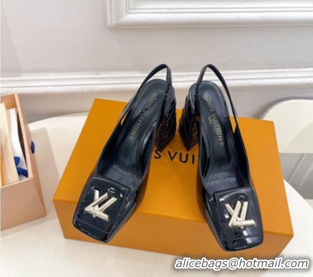 Good Quality Louis Vuitton Shake Slingback Pump 9cm in Patent Leather with Quilted Block Heel Black 218059