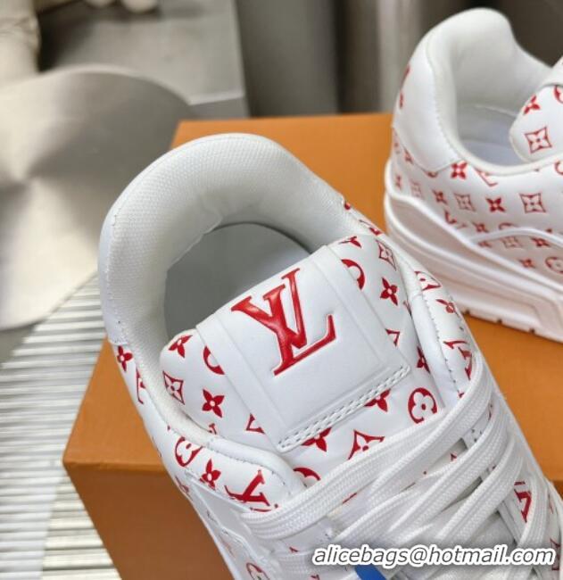 Luxury Cheap Louis Vuitton LV Trainer Sneakers in Mini Monogram Leather White/Red 218066