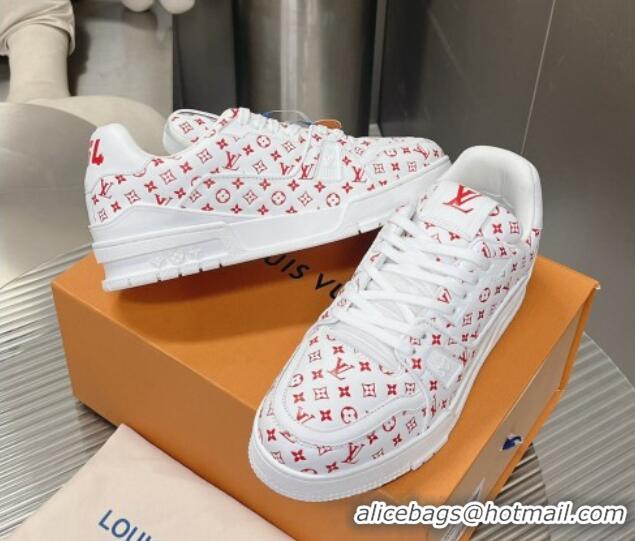 Luxury Cheap Louis Vuitton LV Trainer Sneakers in Mini Monogram Leather White/Red 218066