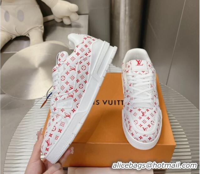 Luxury Cheap Louis Vuitton LV Trainer Sneakers in Mini Monogram Leather White/Red 218066