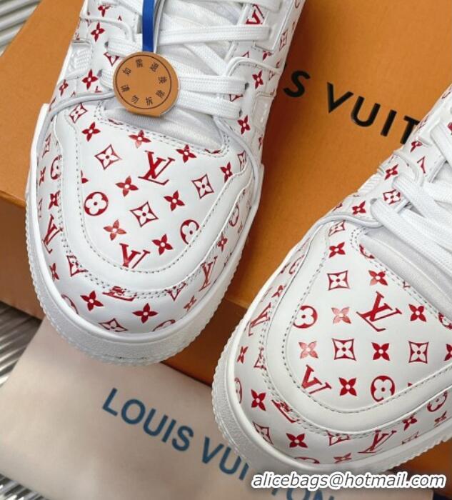 Luxury Cheap Louis Vuitton LV Trainer Sneakers in Mini Monogram Leather White/Red 218066