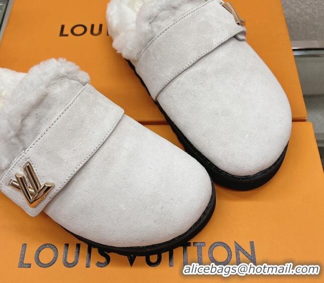 Sumptuous Louis Vuitton LV Cosy Flat Comfort Clog Mules in Suede Light Grey 218069