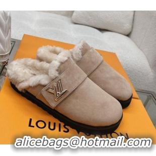 Stylish Louis Vuitton LV Cosy Flat Comfort Clog Mules in Suede Taupe Grey 218070