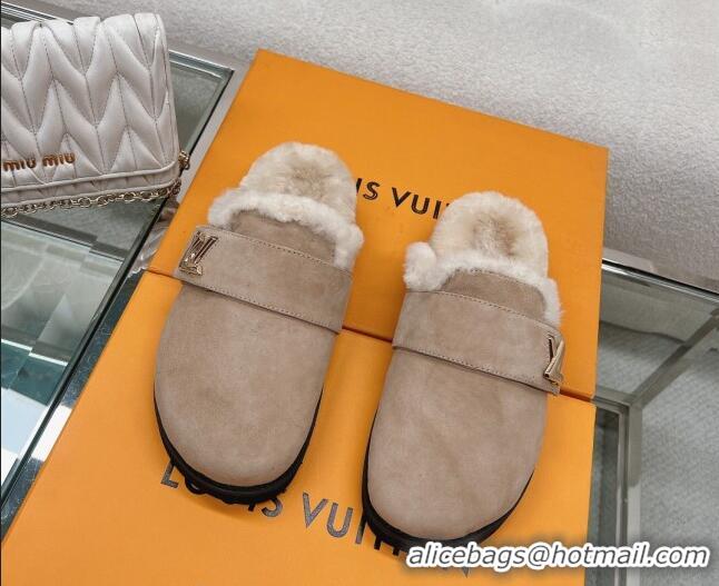 Stylish Louis Vuitton LV Cosy Flat Comfort Clog Mules in Suede Taupe Grey 218070