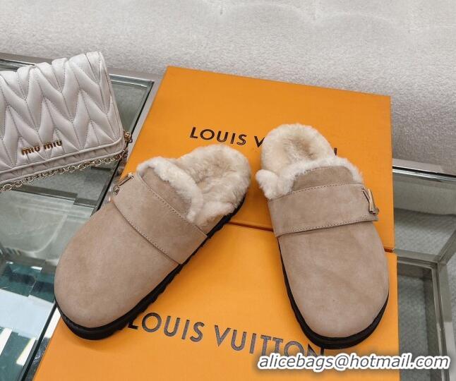 Stylish Louis Vuitton LV Cosy Flat Comfort Clog Mules in Suede Taupe Grey 218070