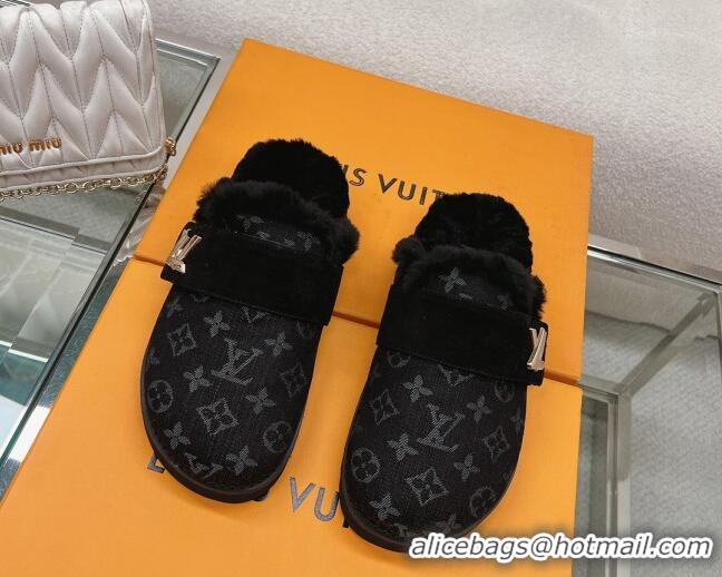 Discount Fashion Louis Vuitton LV Cosy Flat Comfort Clog Mules in Black Monogram Denim 218072