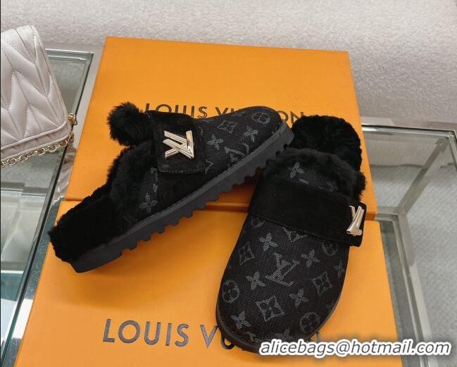 Discount Fashion Louis Vuitton LV Cosy Flat Comfort Clog Mules in Black Monogram Denim 218072