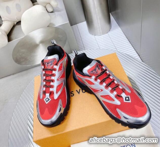 Luxury Louis Vuitton Men's LV Runner Tatic Sneakers in Mesh and Leather Red/Silver 0105119