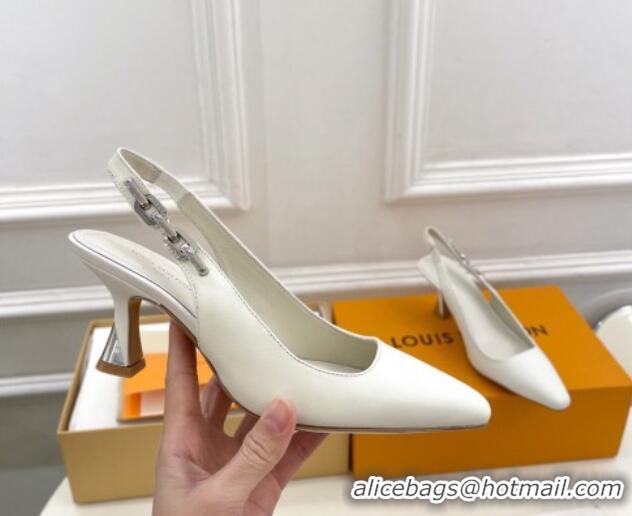 Unique Style Louis Vuitton Sparkle Slingback Pumps 6.5cm with Chain Charm in Calf Leather White 105133