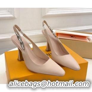 Good Quality Louis Vuitton Sparkle Slingback Pumps 9.5cm with Chain Charm in Calf Leather Nude 0105136