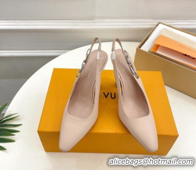 Good Quality Louis Vuitton Sparkle Slingback Pumps 9.5cm with Chain Charm in Calf Leather Nude 0105136