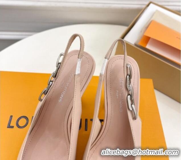 Good Quality Louis Vuitton Sparkle Slingback Pumps 9.5cm with Chain Charm in Calf Leather Nude 0105136