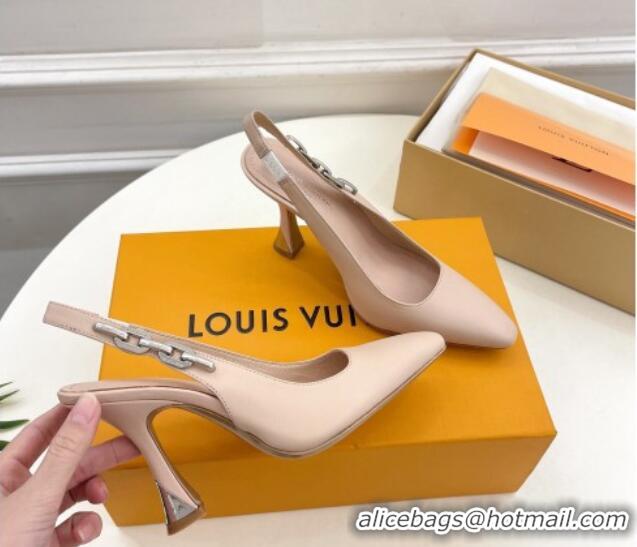 Good Quality Louis Vuitton Sparkle Slingback Pumps 9.5cm with Chain Charm in Calf Leather Nude 0105136