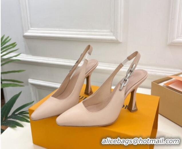 Good Quality Louis Vuitton Sparkle Slingback Pumps 9.5cm with Chain Charm in Calf Leather Nude 0105136