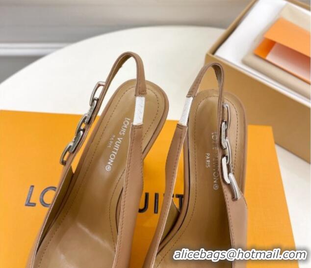 Top Grade Louis Vuitton Sparkle Slingback Pumps 9.5cm with Chain Charm in Calf Leather Brown 105137