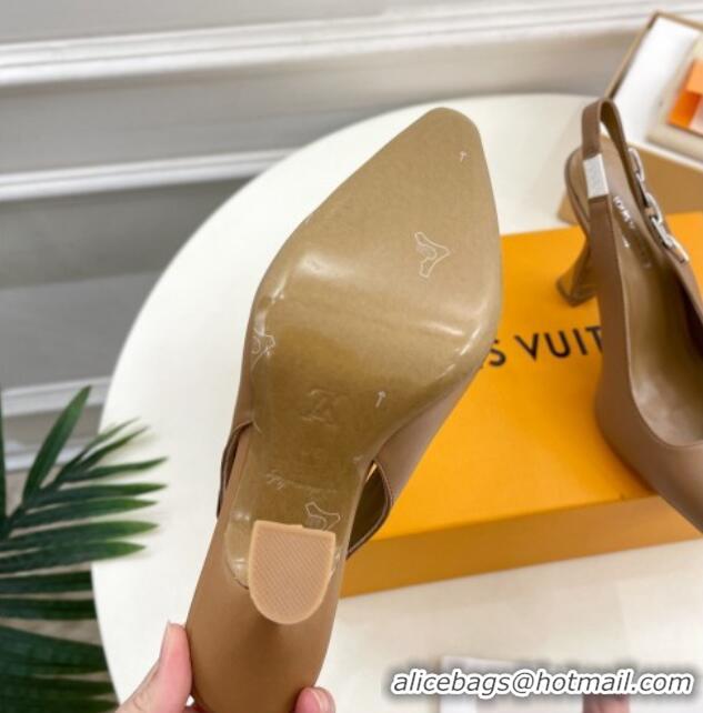 Top Grade Louis Vuitton Sparkle Slingback Pumps 9.5cm with Chain Charm in Calf Leather Brown 105137