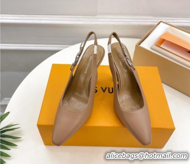 Top Grade Louis Vuitton Sparkle Slingback Pumps 9.5cm with Chain Charm in Calf Leather Brown 105137