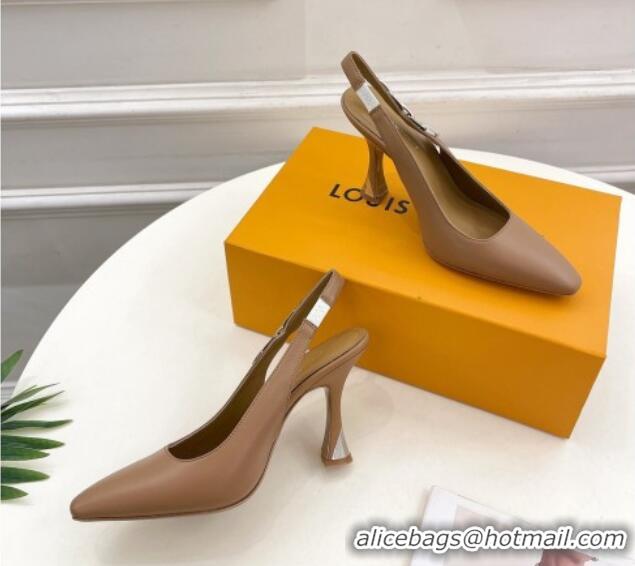 Top Grade Louis Vuitton Sparkle Slingback Pumps 9.5cm with Chain Charm in Calf Leather Brown 105137