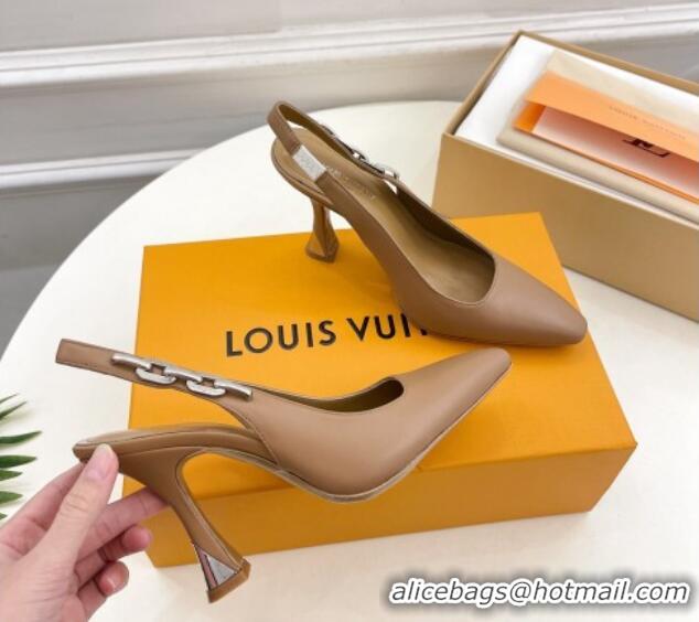 Top Grade Louis Vuitton Sparkle Slingback Pumps 9.5cm with Chain Charm in Calf Leather Brown 105137