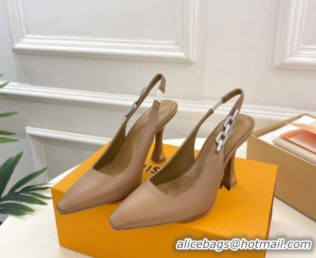 Top Grade Louis Vuitton Sparkle Slingback Pumps 9.5cm with Chain Charm in Calf Leather Brown 105137