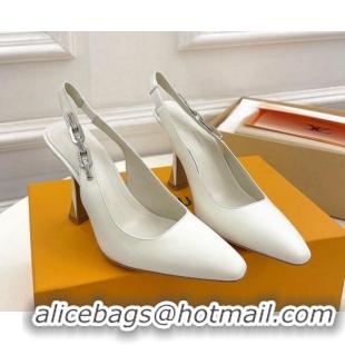 Good Product Louis Vuitton Sparkle Slingback Pumps 9.5cm with Chain Charm in Calf Leather White 105138