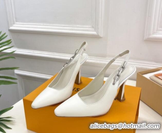 Good Product Louis Vuitton Sparkle Slingback Pumps 9.5cm with Chain Charm in Calf Leather White 105138