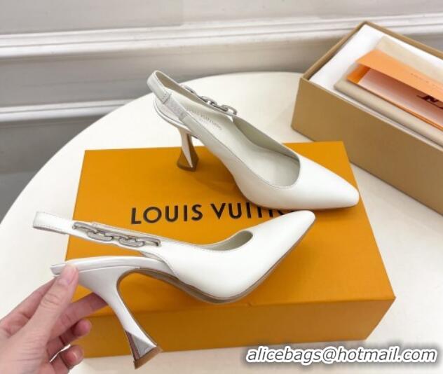 Good Product Louis Vuitton Sparkle Slingback Pumps 9.5cm with Chain Charm in Calf Leather White 105138