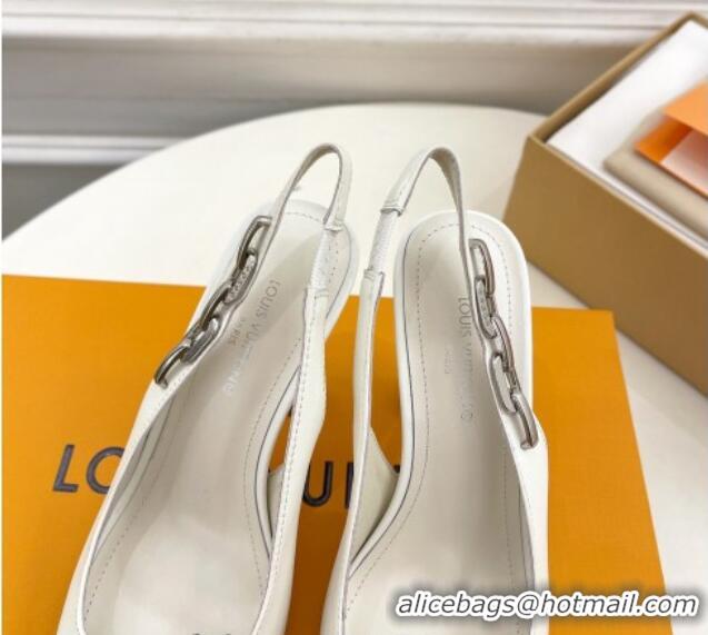 Good Product Louis Vuitton Sparkle Slingback Pumps 9.5cm with Chain Charm in Calf Leather White 105138