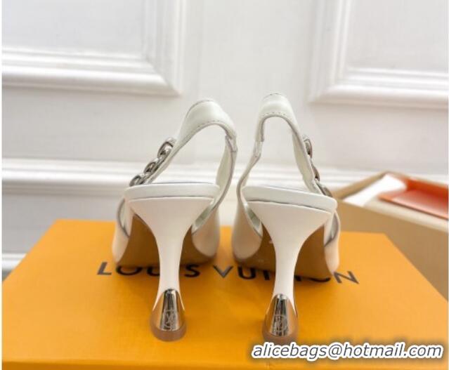 Good Product Louis Vuitton Sparkle Slingback Pumps 9.5cm with Chain Charm in Calf Leather White 105138